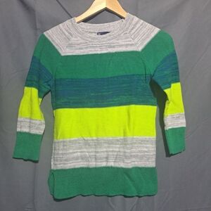 Gap Womens‎ Small Striped Colorblock 3/4 Sleeve Crewneck Sweater Green Gray